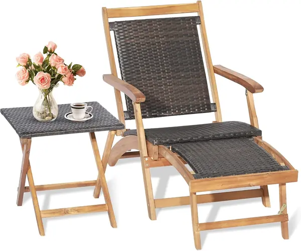 2 in 1 Sonnenliege Rattan – Holz Liegestuhl Klappbar