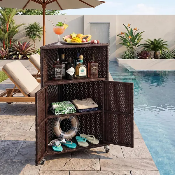 Eck Gartenschrank Rattan mit feststellbare Rollen &