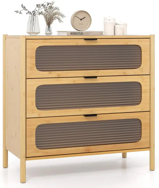 Kommode Bambus mit 3 Schubladen – Sideboard mit Glastüren