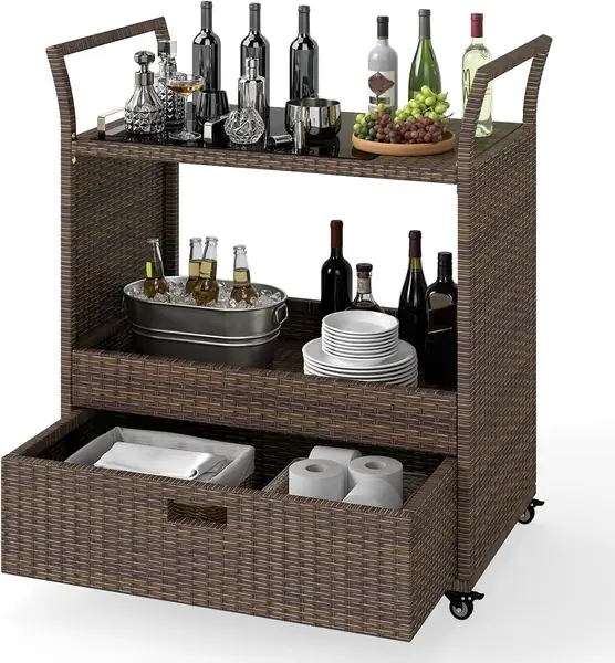 Servierwagen – Ablagefach & Schublade, Küchenwagen Rattan